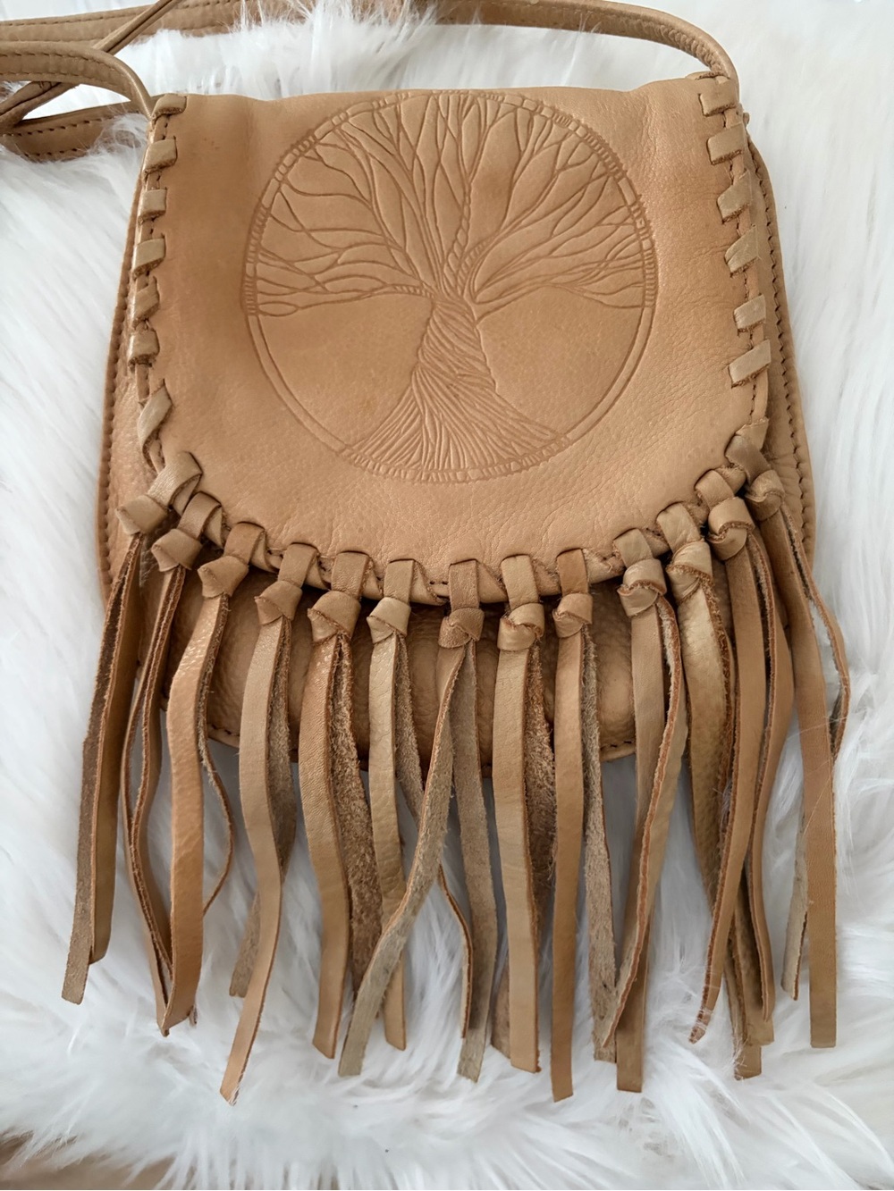 Boho Fringe Tree of Life Crossbody Bag - Tan